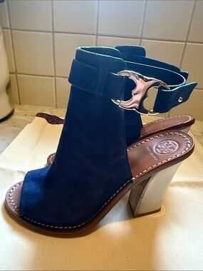 Tory Burch Blue Suede Peep-Toe Block Heel Sandals with Silver Buckle
